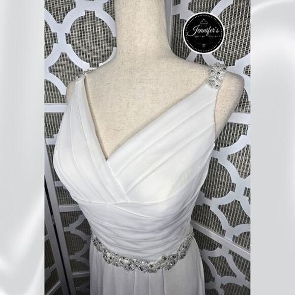 DaVinci White Chiffon Ruched V-Neck Beaded Waist & Strap Floor Length Dress 14 - Picture 2 of 16